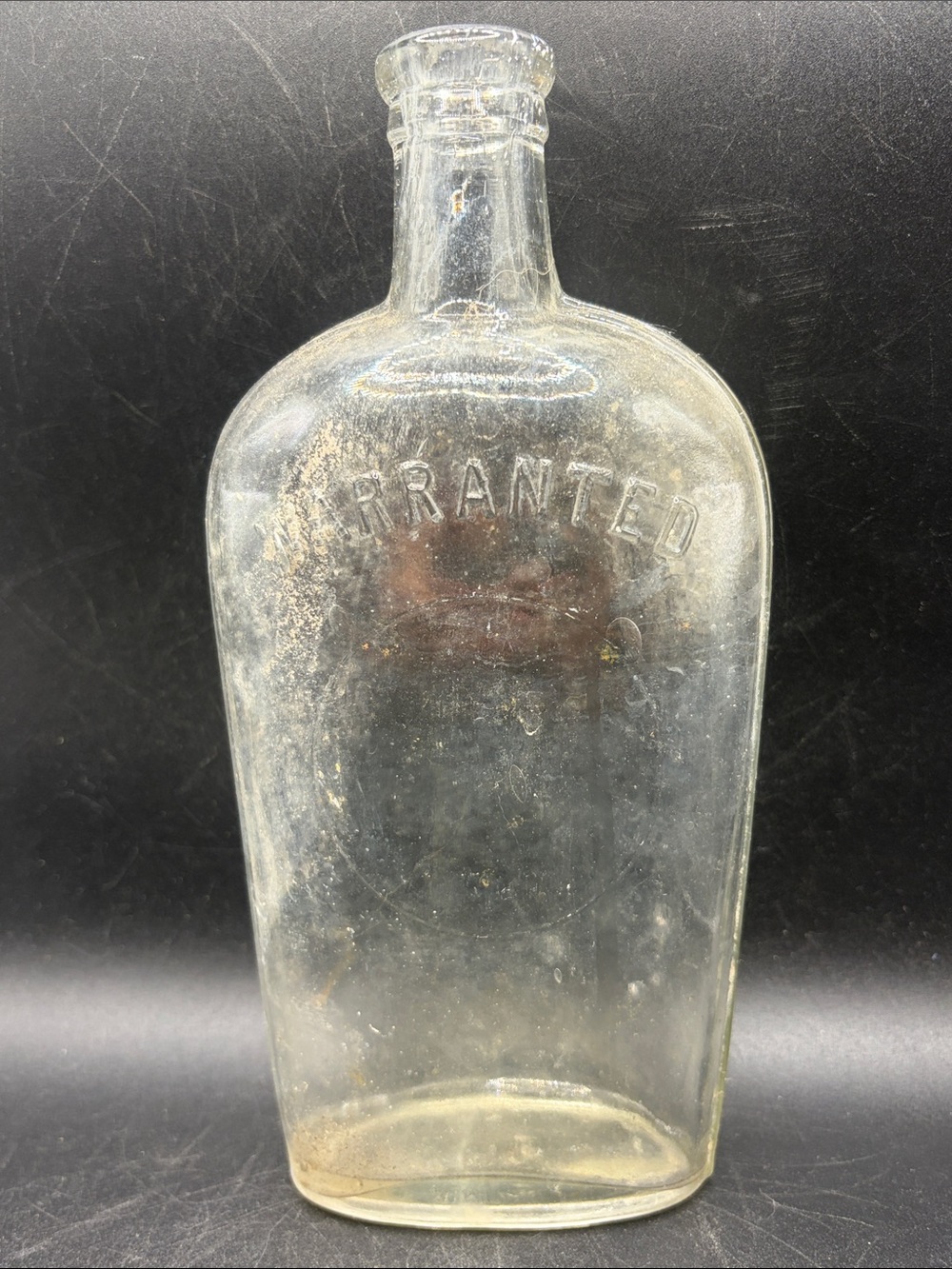 Antique WARRANTED Embossed Glass Flask Bottle Collectible Vessel Americana Decor